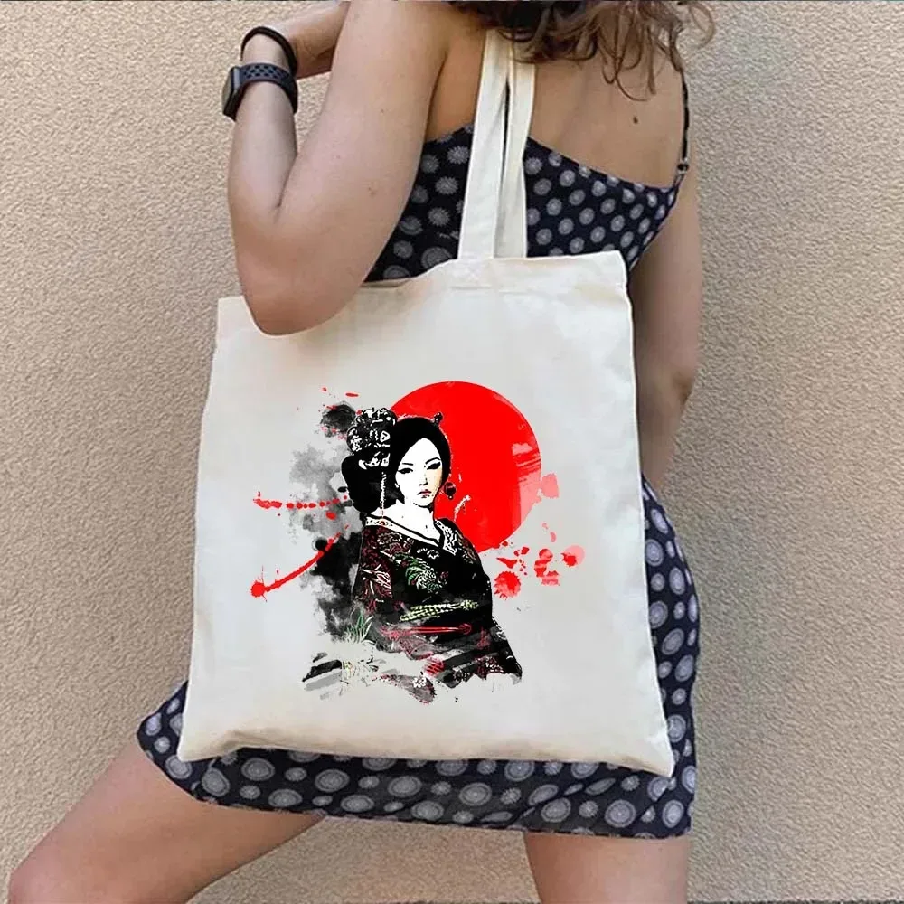 sac fourre-tout en toile à bandoulière pour le shopping, motif maneki neko, chat porte-bonheur japonais mignon, style mont fuji, style japonais, geisha de kyoto, tokyo japon