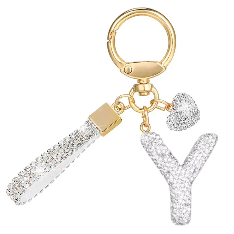 porte-clés avec lettres blanches brillantes, alphabet a-z pour porte-clés de voiture/sac à dos et cadeau avec lanière ajoutée