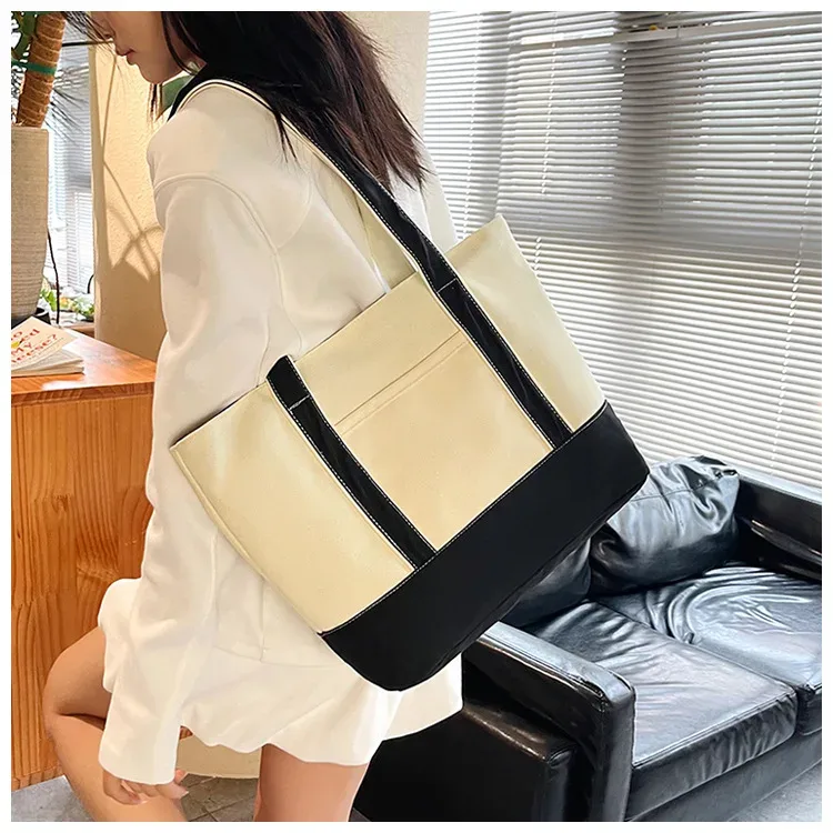 sac à bandoulière en toile personnalisable avec nom, poche avant color block, grand sac fourre-tout décontracté réutilisable pour femme, plage, shopping quotidien