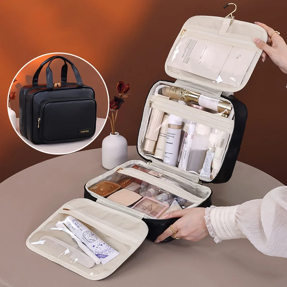 nouveau sac à cosmétiques suspendu en cuir pu pour femmes, rangement portable, organisateur de maquillage, sacs de rangement de toilette de voyage de grande capacité