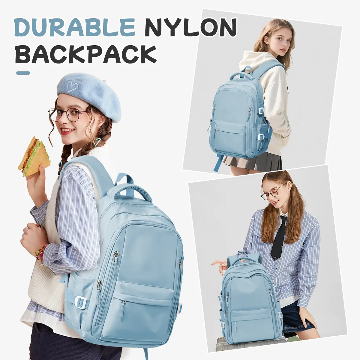 sac à dos de voyage décontracté antivol pour femme, design multi-poches en bleu clair durable pour l'école, le lycée et l'université