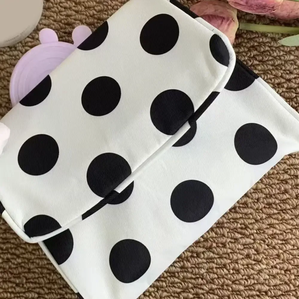 sac cosmétique portable en toile à pois, grande capacité, sac à rayures pour petits objets, multifonctionnel avec miroir de maquillage