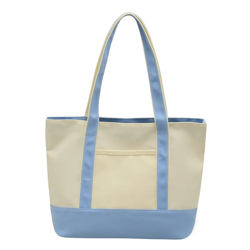 sac à bandoulière en toile personnalisable avec nom, poche avant color block, grand sac fourre-tout décontracté réutilisable pour femme, plage, shopping quotidien