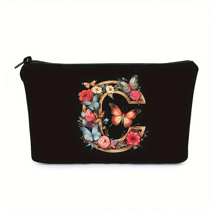 trousse de maquillage noire avec imprimés de 26 lettres de l'alphabet anglais, pochette à cosmétiques, sacs de rangement multifonctionnels