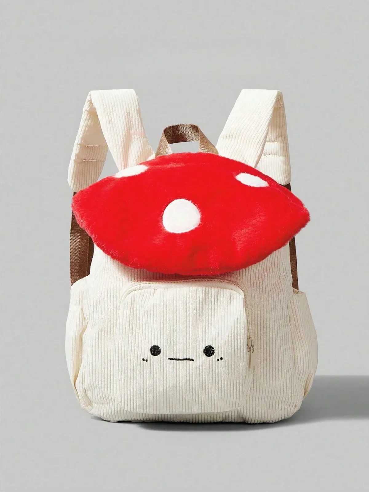 Sac à dos en velours côtelé mignon et tendance, motif champignon et pois brodés, design color-block, idéal pour le campus