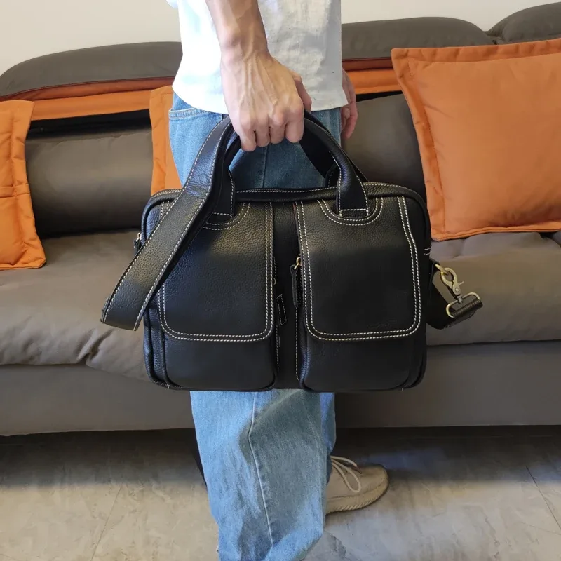porte-documents pour hommes d'affaires, première couche en cuir de vache, décontracté, simple, luxe, doux, en cuir véritable, multi-poches, pour ordinateur portable