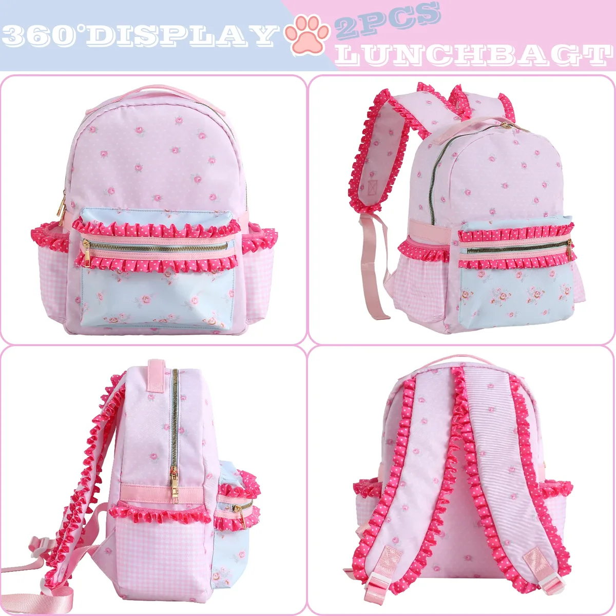 sac à dos pour filles à volants, toile florale, doublure à pois et à carreaux, grande capacité, rose, mignon, pour la rentrée scolaire.
