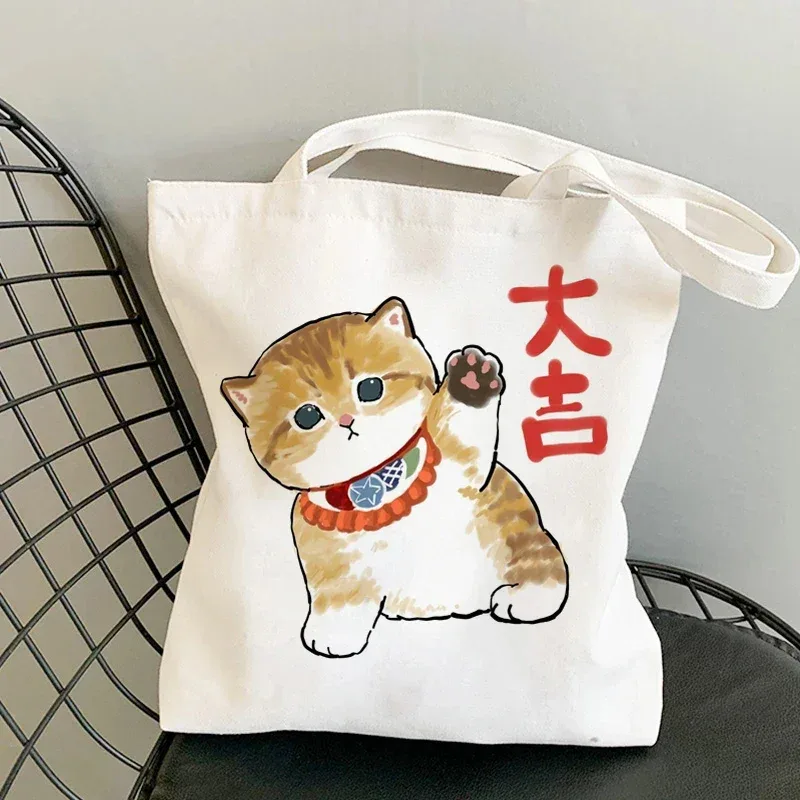 femme sacs à provisions kawaii dessin animé chats amusant sac fourre-tout shopper organisateur décontracté déjeuner sacs à main grande capacité toile sacs à bandoulière