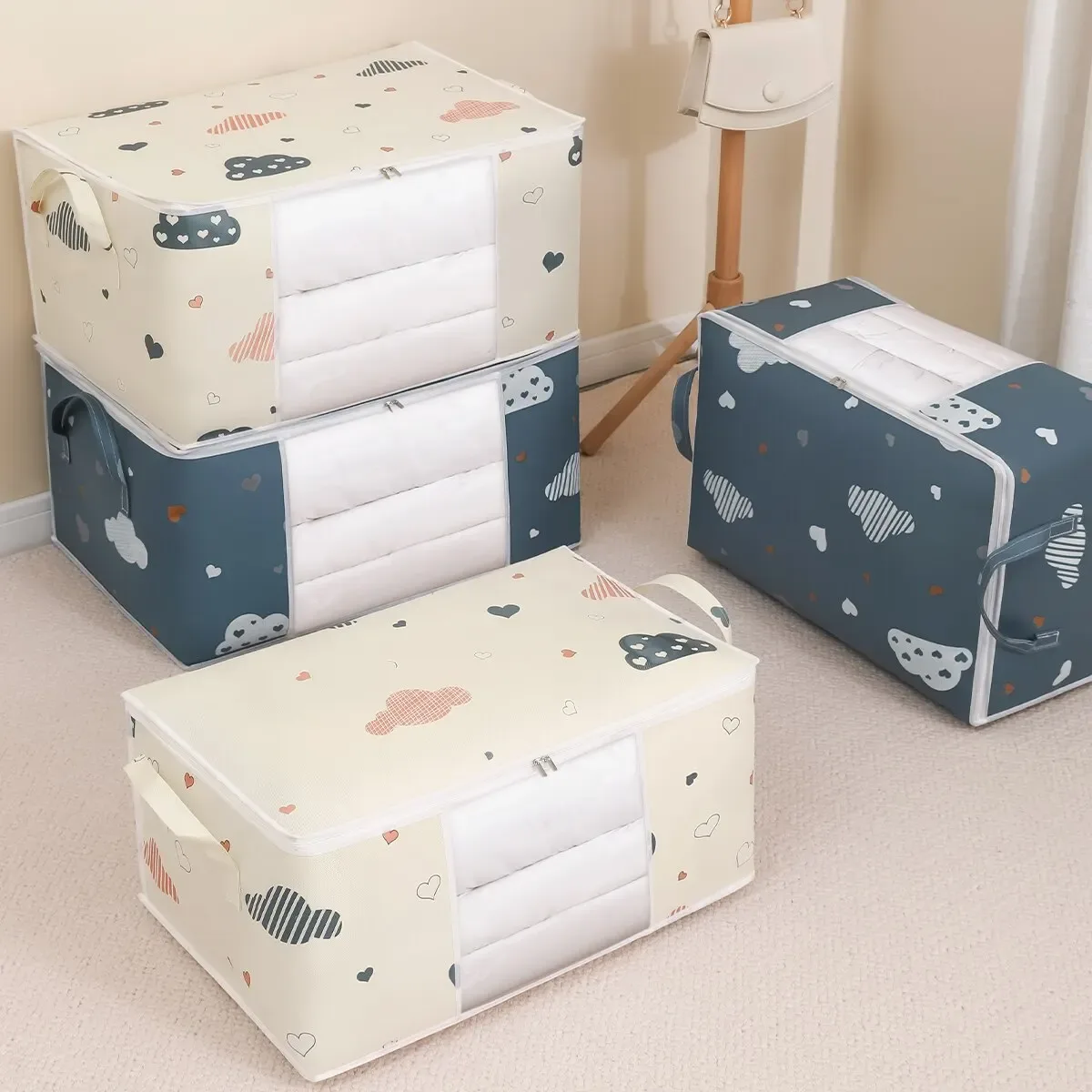 sac de rangement pour vêtements de grande capacité, organisateur avec poignée renforcée, adapté aux couvertures et à la literie, pliable avec fermeture éclair robuste