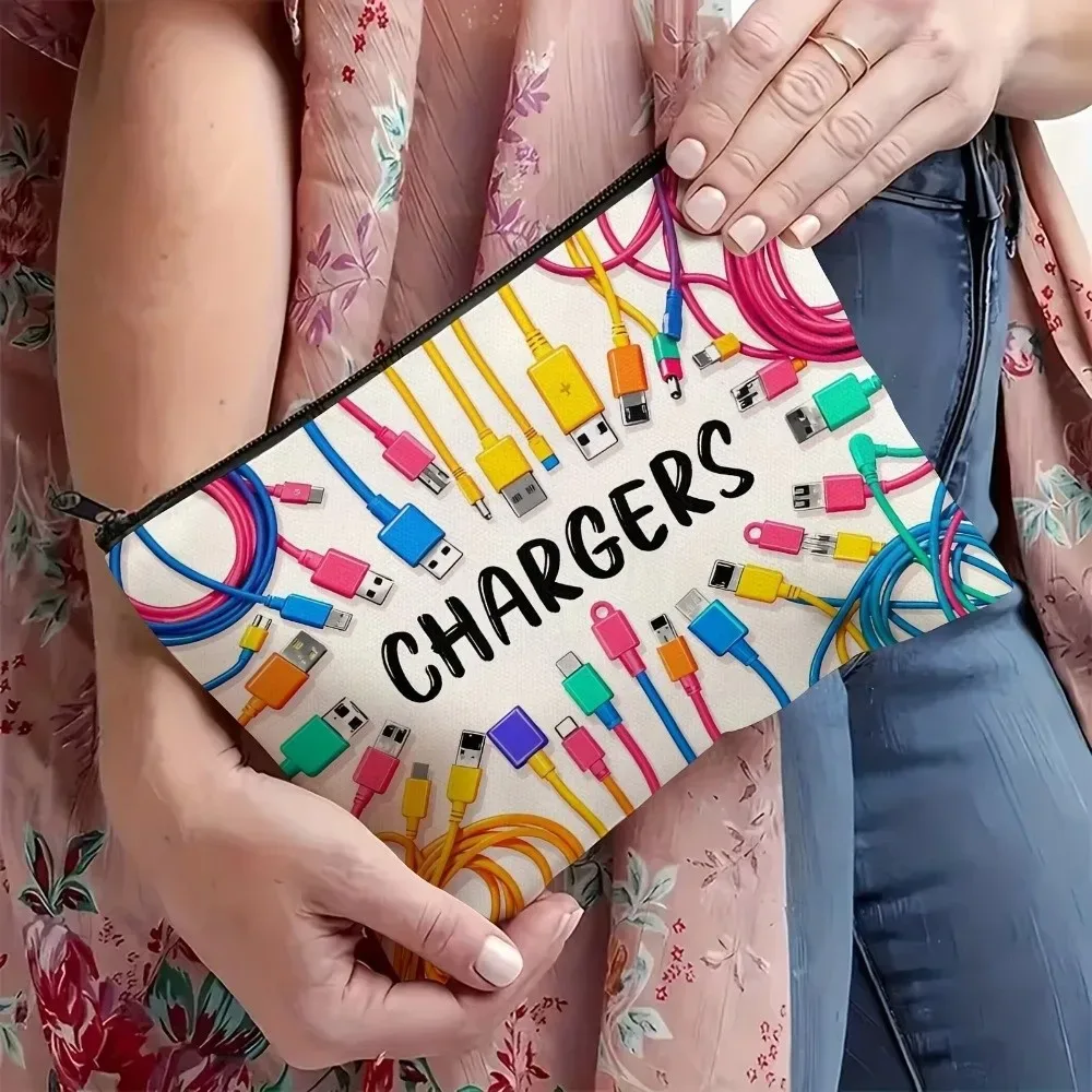nouvelle pochette de rangement pour chargeur en toile, fermeture à glissière, design imprimé, organiseur de câbles, sac de grande capacité, organiseur de cosmétiques, utilisation en voyage