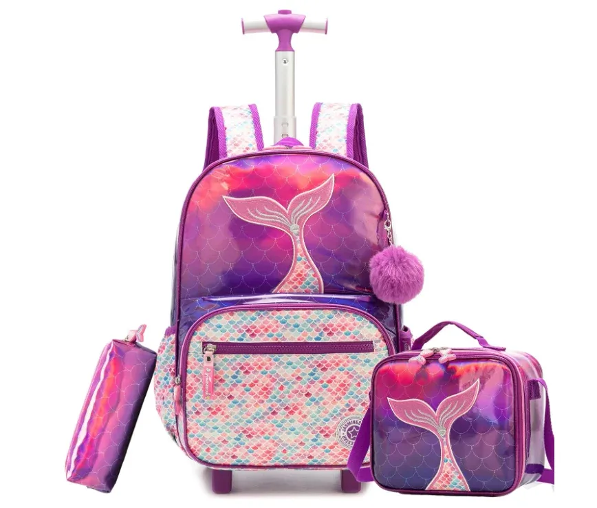ensemble de sacs à dos à roulettes pour filles, chariot de voyage de 16 pouces, sac à dos à roulettes, sac à déjeuner, sac à stylos, sacs à roulettes d'école 3 en 1