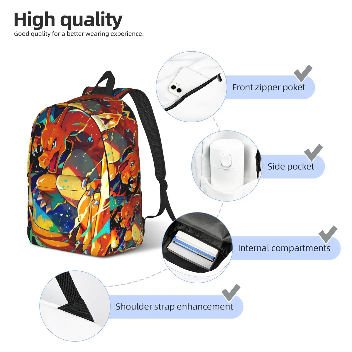 sac à dos tendance sur le thème de pokémon charizard fire blast, mochilas solid pour l'école, sac à dos de grande capacité