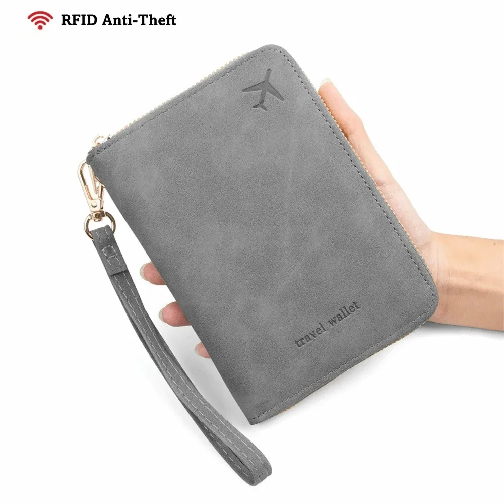 portefeuille de voyage multifonctionnel en pu avec protection rfid, couleur unie, anti-magnétique, fermeture éclair, sac de rangement pour documents, unisexe