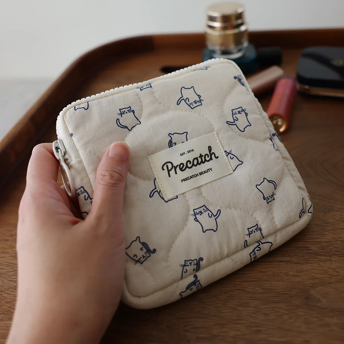 sac à cosmétiques de dessin animé pour femme, ligne chaton physiologique, carré plat, petite fille mignonne, sac de rangement portable, trousse de maquillage