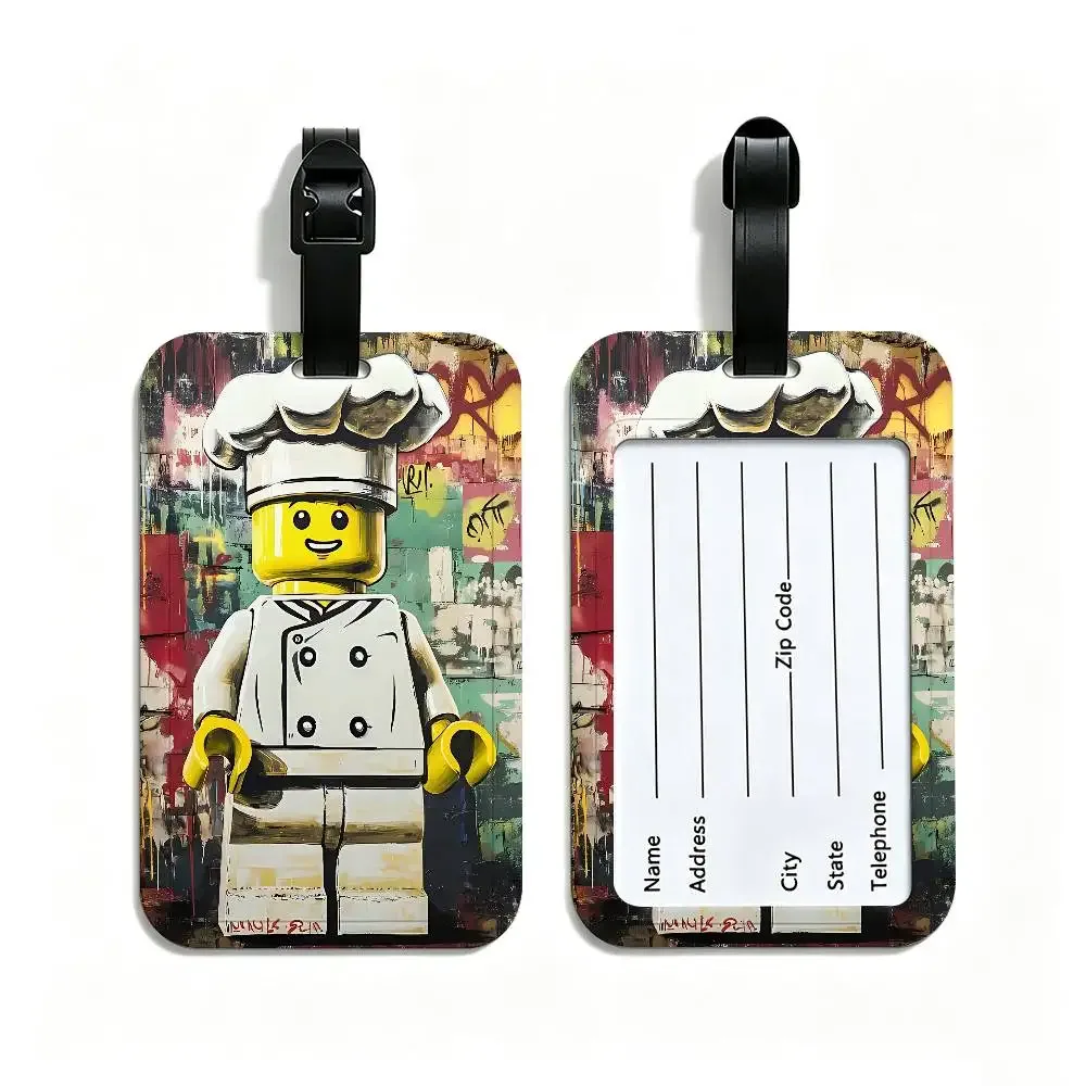 étiquette de valise en pvc anti-perte l-legos avec carte d'information, motif de dessins animés représentant diverses professions, identifiant de bagages léger pour les voyages quotidiens.