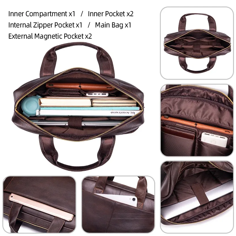 porte-documents d'affaires en cuir véritable pour homme, grande capacité, sac pour ordinateur portable, plusieurs poches, sac de travail durable pour le bureau