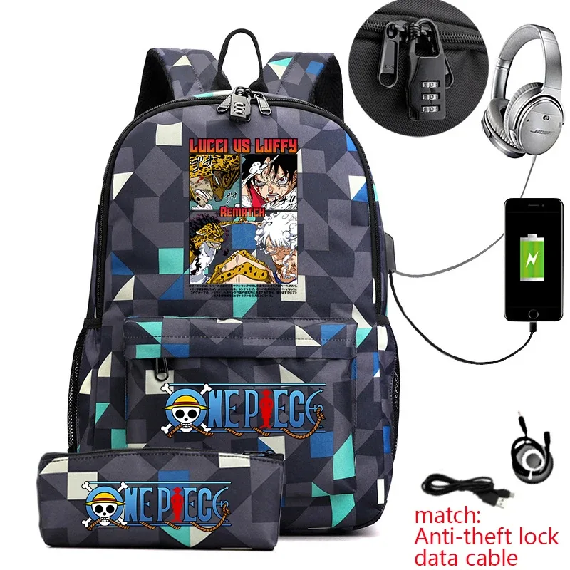 sac à dos d'étudiant imprimé one piece luffy, sac d'école décontracté antivol avec trousse à crayons pour garçons et filles