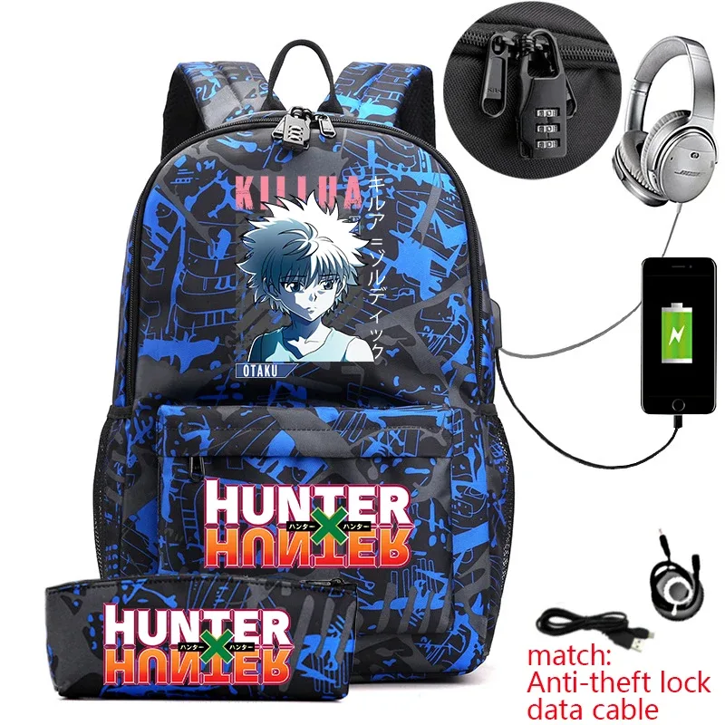 sac à dos hunter x hunter anime pour étudiants, sac à dos antivol décontracté avec trousse à crayons pour garçons et filles, sac d'école