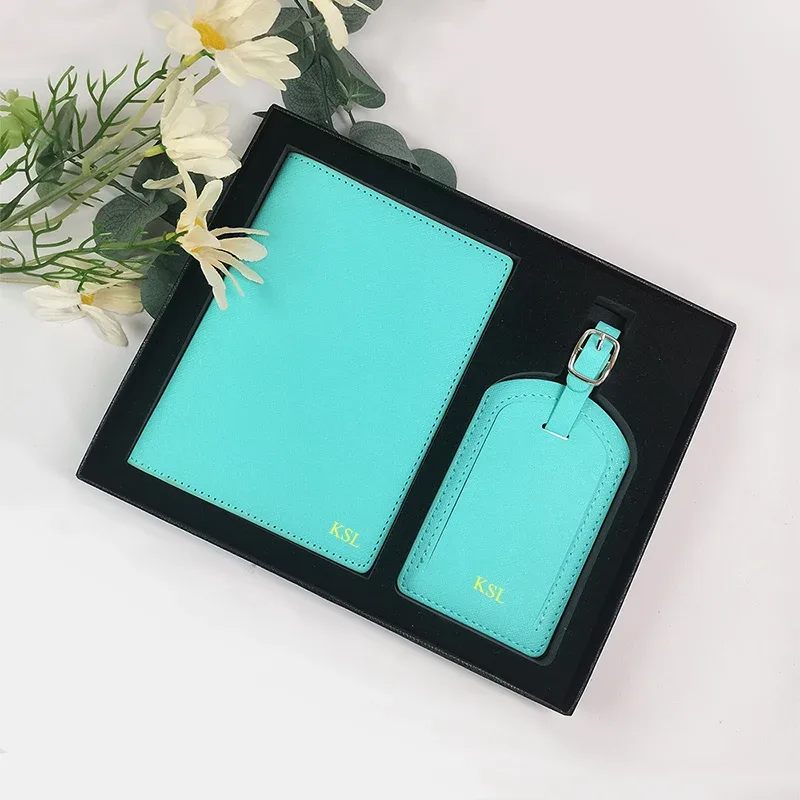 ensemble de couverture de passeport et d'étiquette de bagage en cuir pu de luxe avec boîte, porte-passeport personnalisé avec nom, étiquette de valise personnalisée, vente en gros, cadeau