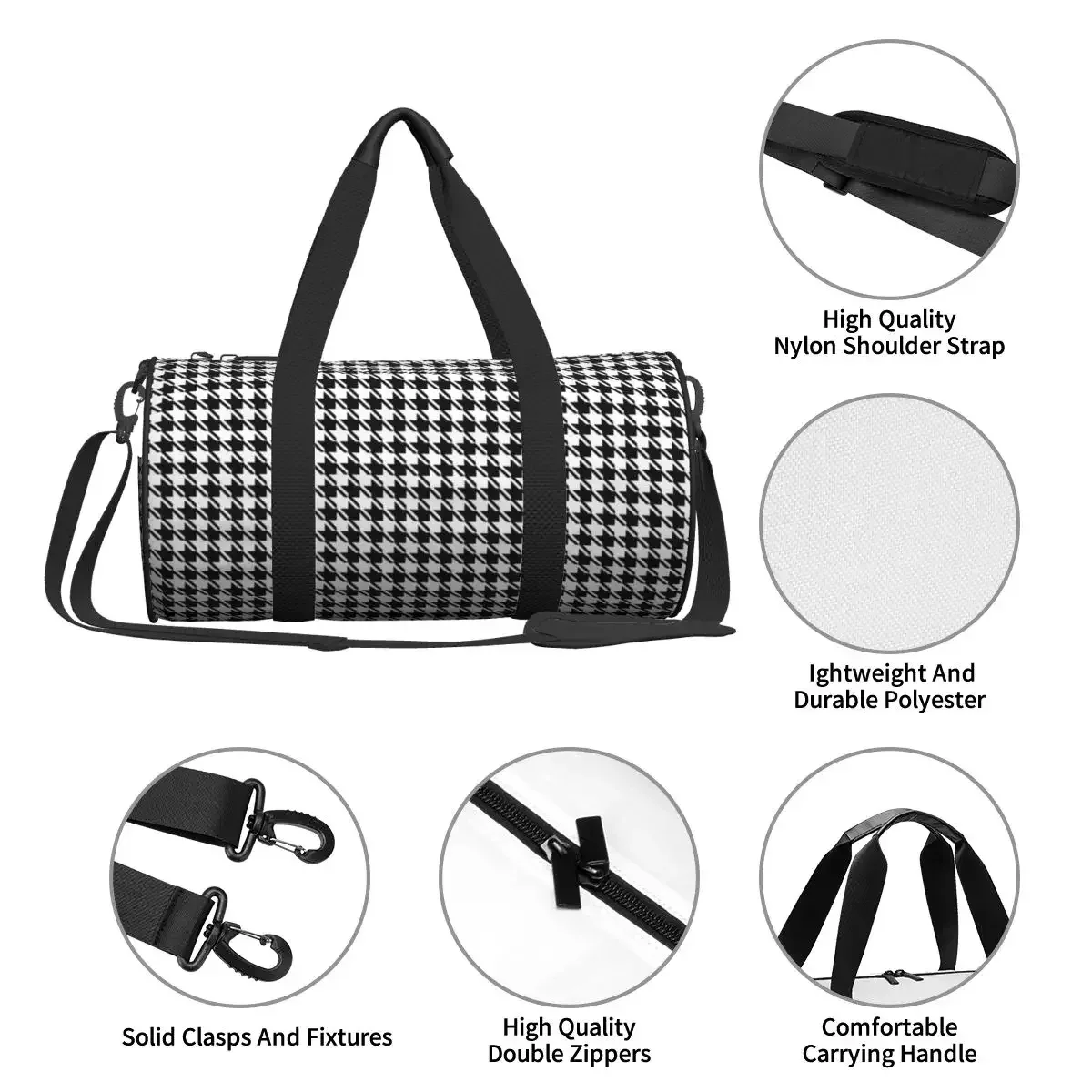 grand sac de sport pied-de-poule à motif noir et blanc, sacs de voyage multifonctionnels, sacs à main, sac de fitness