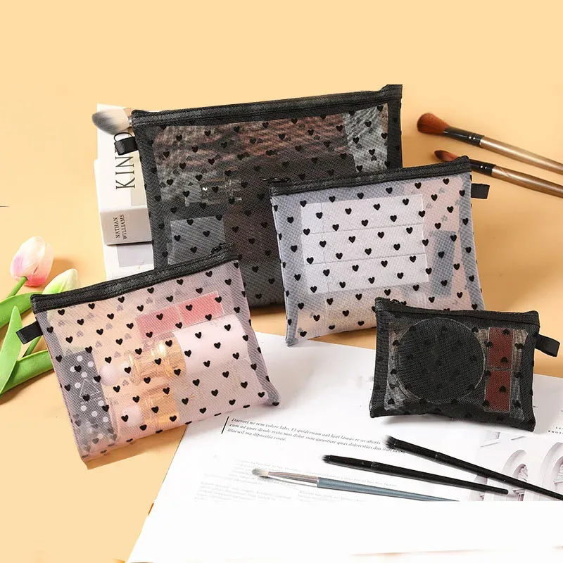 sacs à cosmétiques transparents en maille, 1 pièce, petit grand sac de maquillage noir pour femmes, organisateur de toilette de voyage, pochette de rangement de rouge à lèvres, trousse à crayons