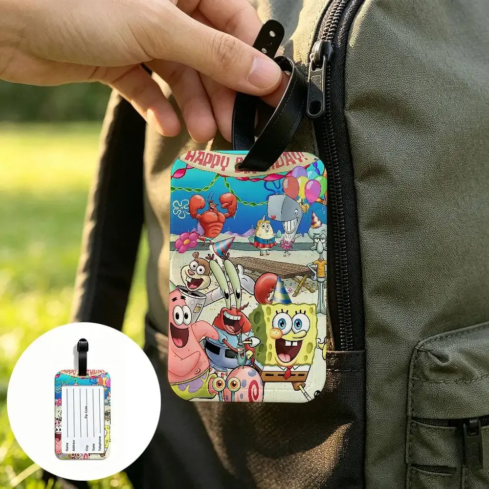 étiquette de bagage portable anti-perte en pvc, motif dessin animé mignon s-spongebob, porte-carte d'informations pour valise, sac à dos, étiquette de voyage