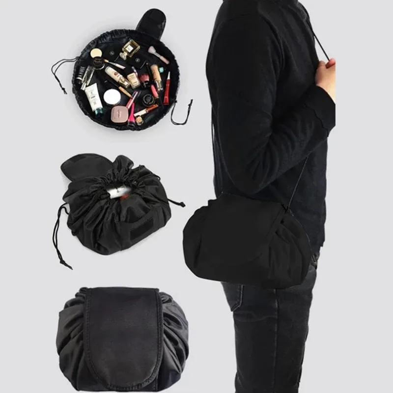 sac de rangement de maquillage élastique à cordon de serrage pour femmes, sac de voyage portable noir de grande capacité, sacs de rangement tendance