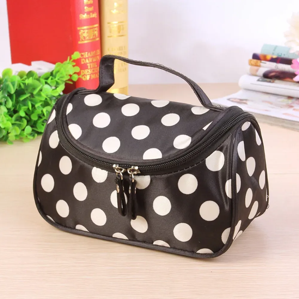 sac de maquillage portable à pois, style coréen, trousse de toilette de voyage grande capacité, sac de rangement cosmétique à rabat