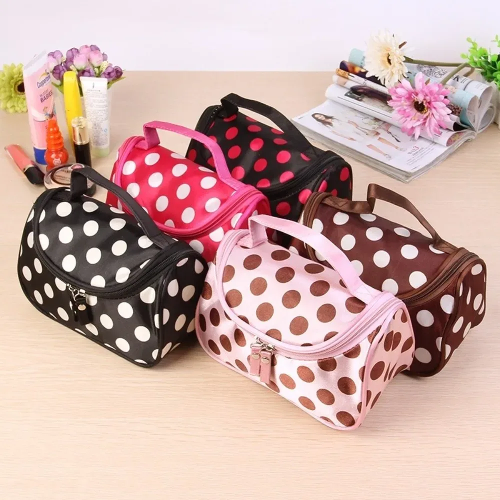 Sac de maquillage portable à pois, style coréen, trousse de toilette de voyage grande capacité, sac de rangement cosmétique à rabat