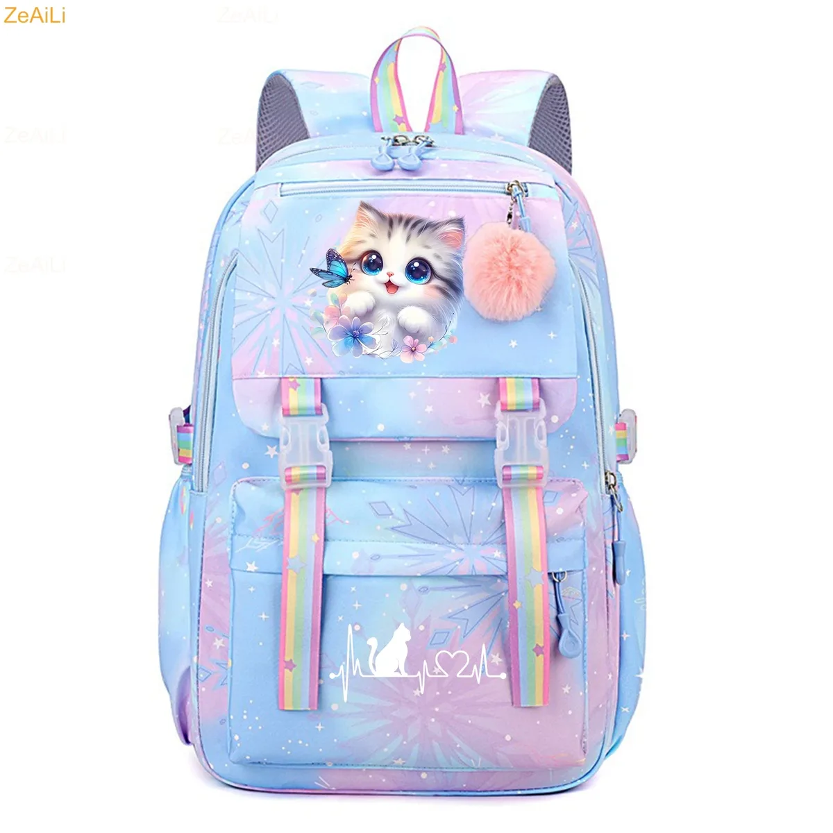sac à dos pour femme, enfant, adolescent, motif chat noir mignon, fleur et papillon, idéal pour l'école