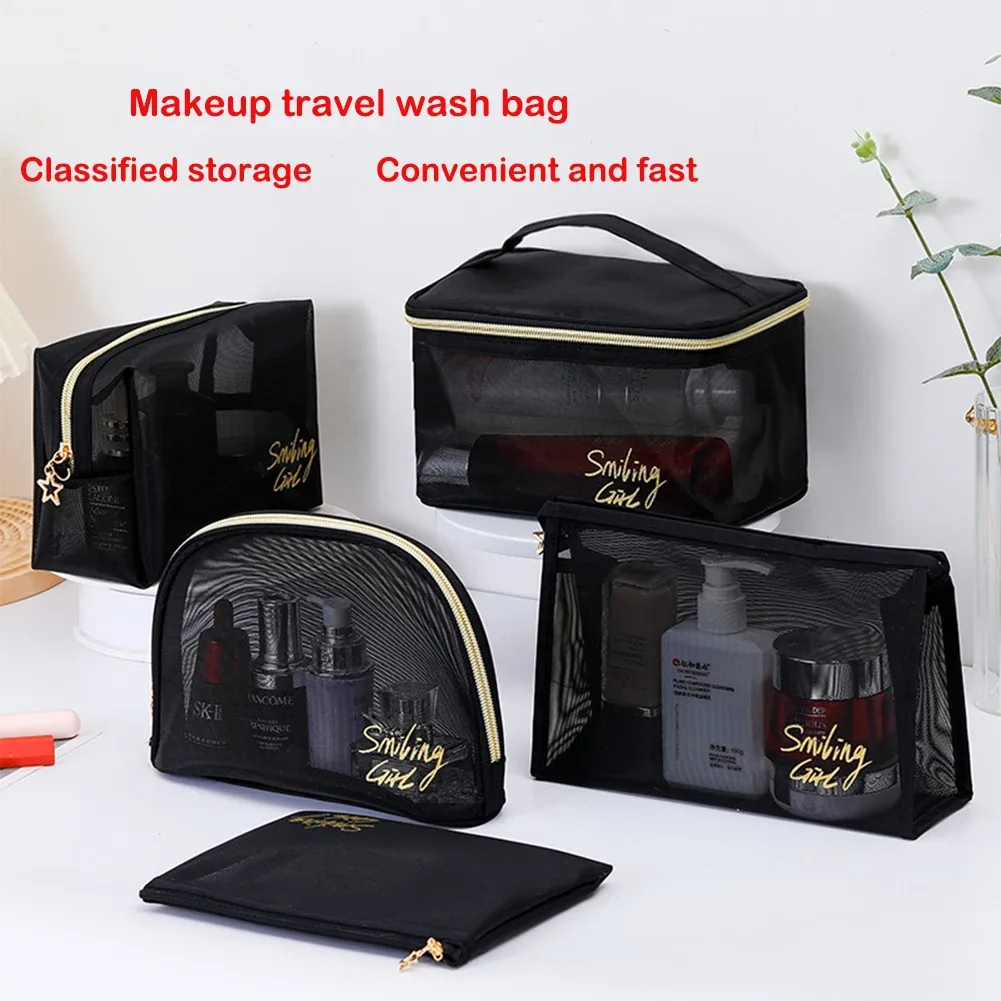 Trousse à cosmétiques en maille noire transparente pour femme, trousse de maquillage, petite et grande trousse de toilette, étui de voyage pour pinceaux, 1PC