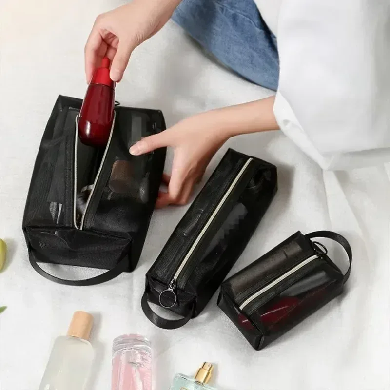 sacs de maquillage noirs transparents en maille, trousse à cosmétiques, étuis à crayons, pocommuniste pour poudres, petite et grande taille, 3 tailles