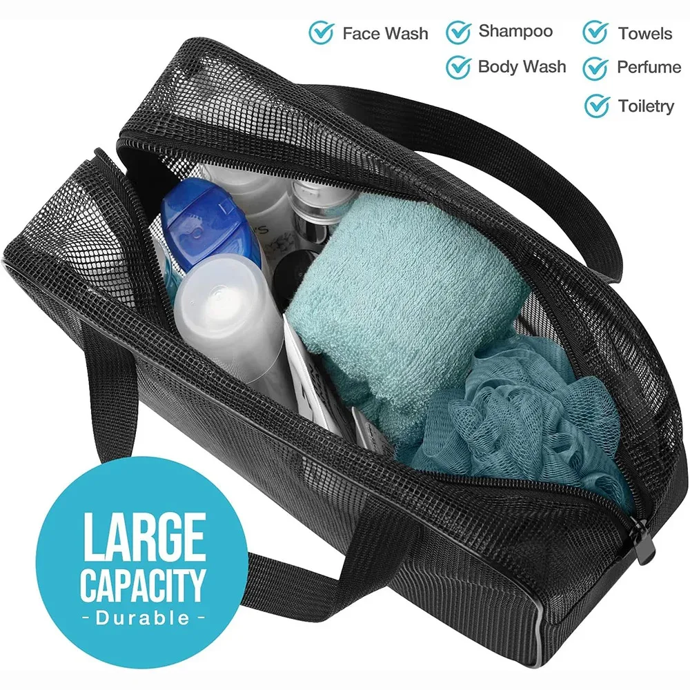 sac de bain portable en maille, pochette de toilette de douche, support de rangement de maquillage de voyage, organisateur d'accessoires de salle de bain, sac de plage