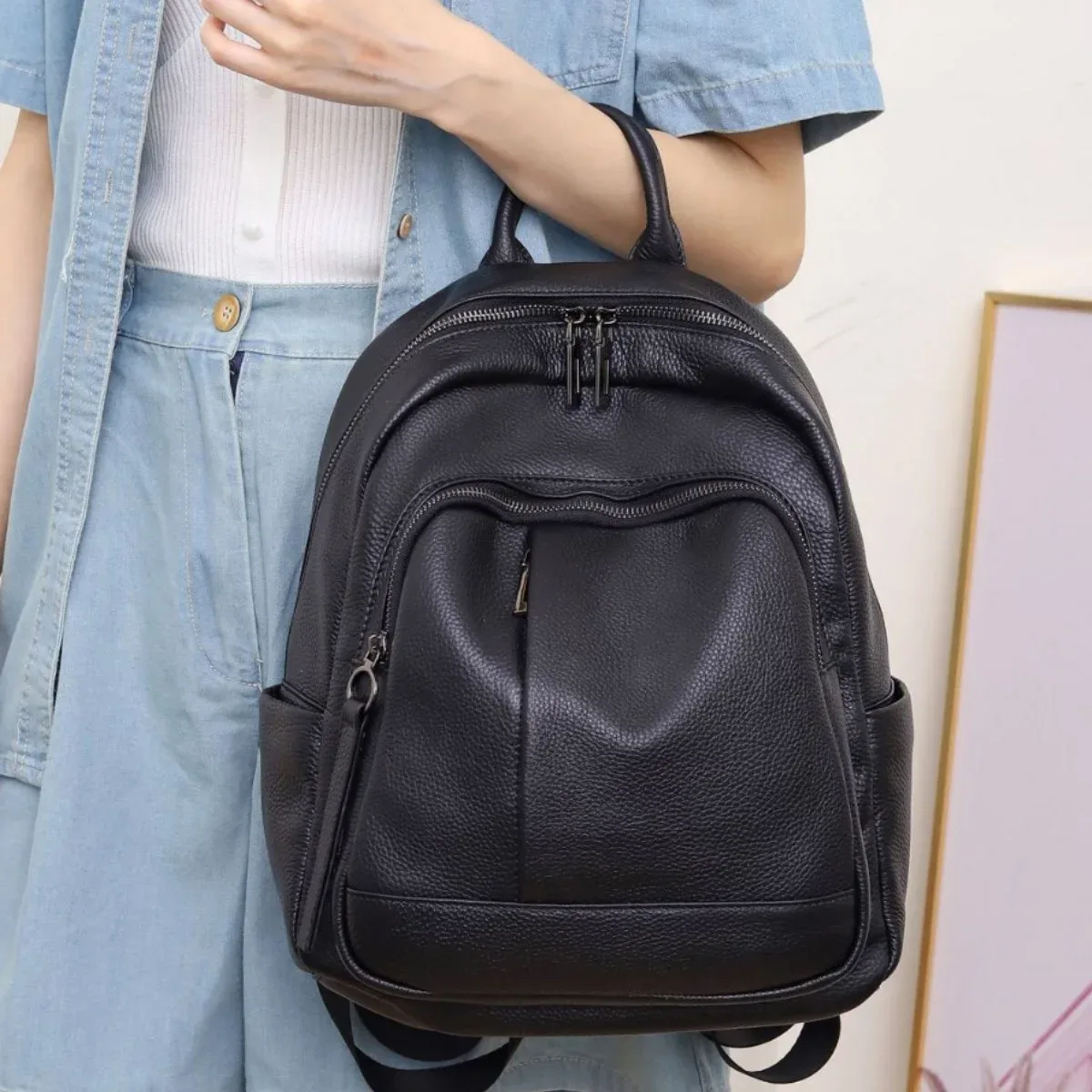 sac à dos décontracté en cuir de vachette véritable pour dames, sac de voyage antivol, motif solide, sac à dos en cuir véritable