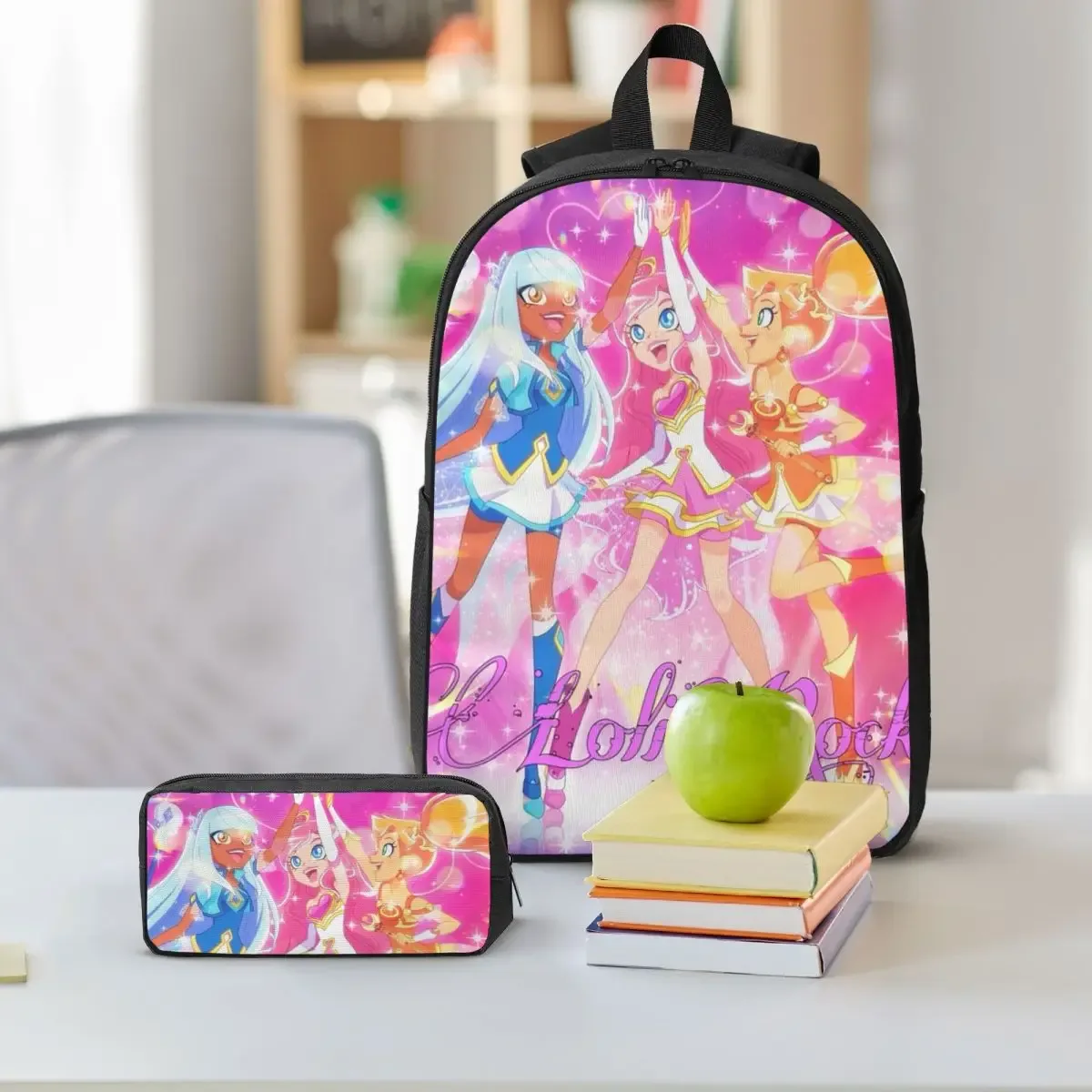 lolirock – sac à dos de dessin animé pour étudiants, sac d'école, sacs à bandoulière pour ordinateur portable, 3 pièces, sac à déjeuner isotherme, trousse à crayons