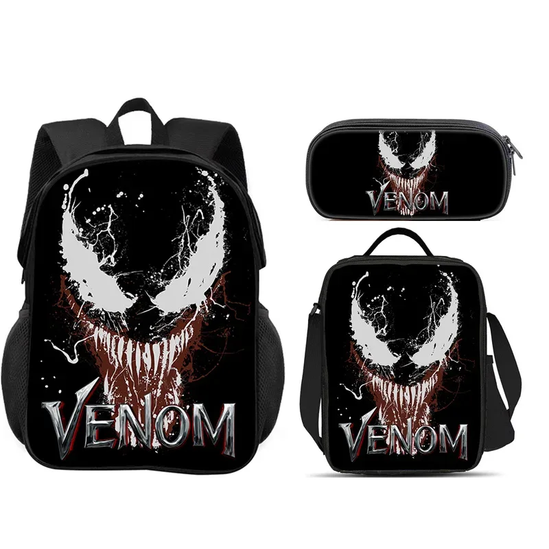 ensemble scolaire venom 3 pièces : sac à dos + trousse à crayons + sac à lunch, sac à dos scolaire tendance, cadeau pour enfants, pratique et multifonctionnel