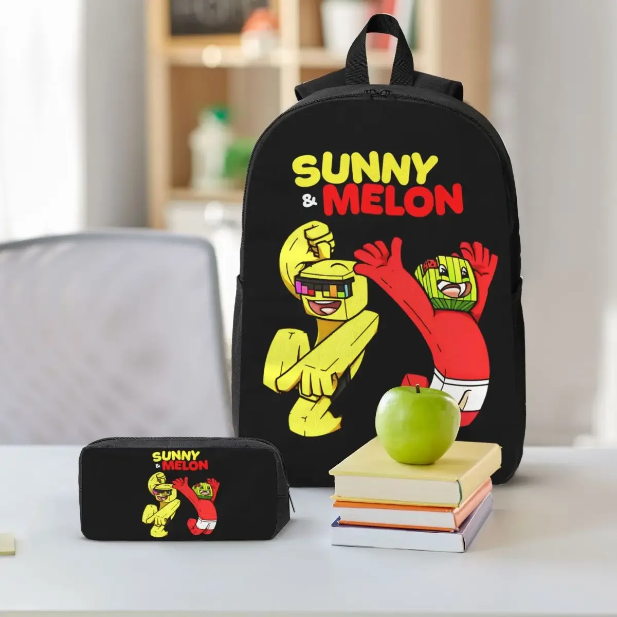 sac à dos sunny and melon pour garçons et filles, sac d'école, sac à bandoulière pour ordinateur portable, 3 pièces, sac à déjeuner isotherme, trousse à crayons