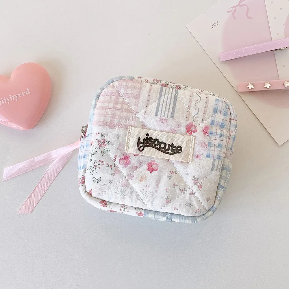 nouvelle trousse de maquillage carrée matelassée avec nœud, sac de voyage portable pour fille, sac d'hygiène en coton, sac de rangement cosmétique, cadeau d'anniversaire pour femme