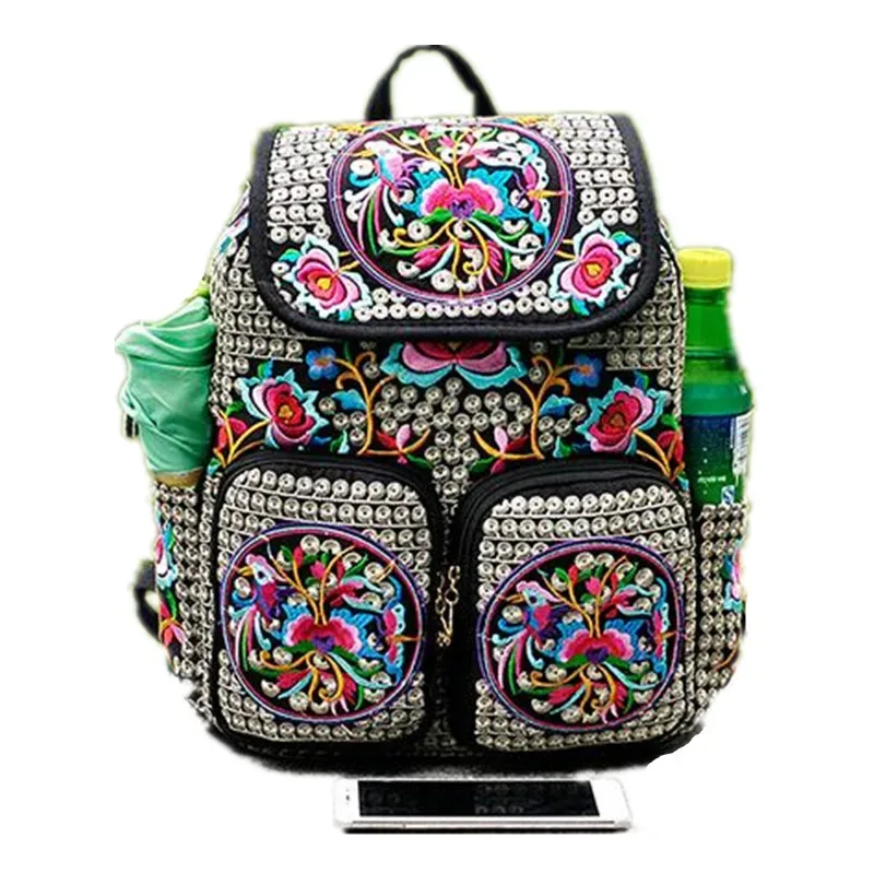 sac à dos vintage en toile brodée florale, sac à dos ethnique décontracté pour filles avec plusieurs poches, cartable à rabat, sac de voyage pour dames