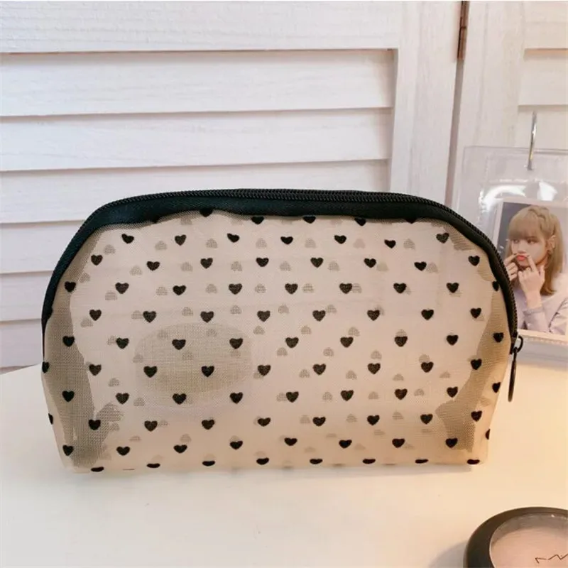 sacs de rangement en maille transparente en forme de cœur pour femmes, sac à cosmétiques nécessaire, organisateur de voyage, petits et grands sacs de toilette noirs, pochette de maquillage