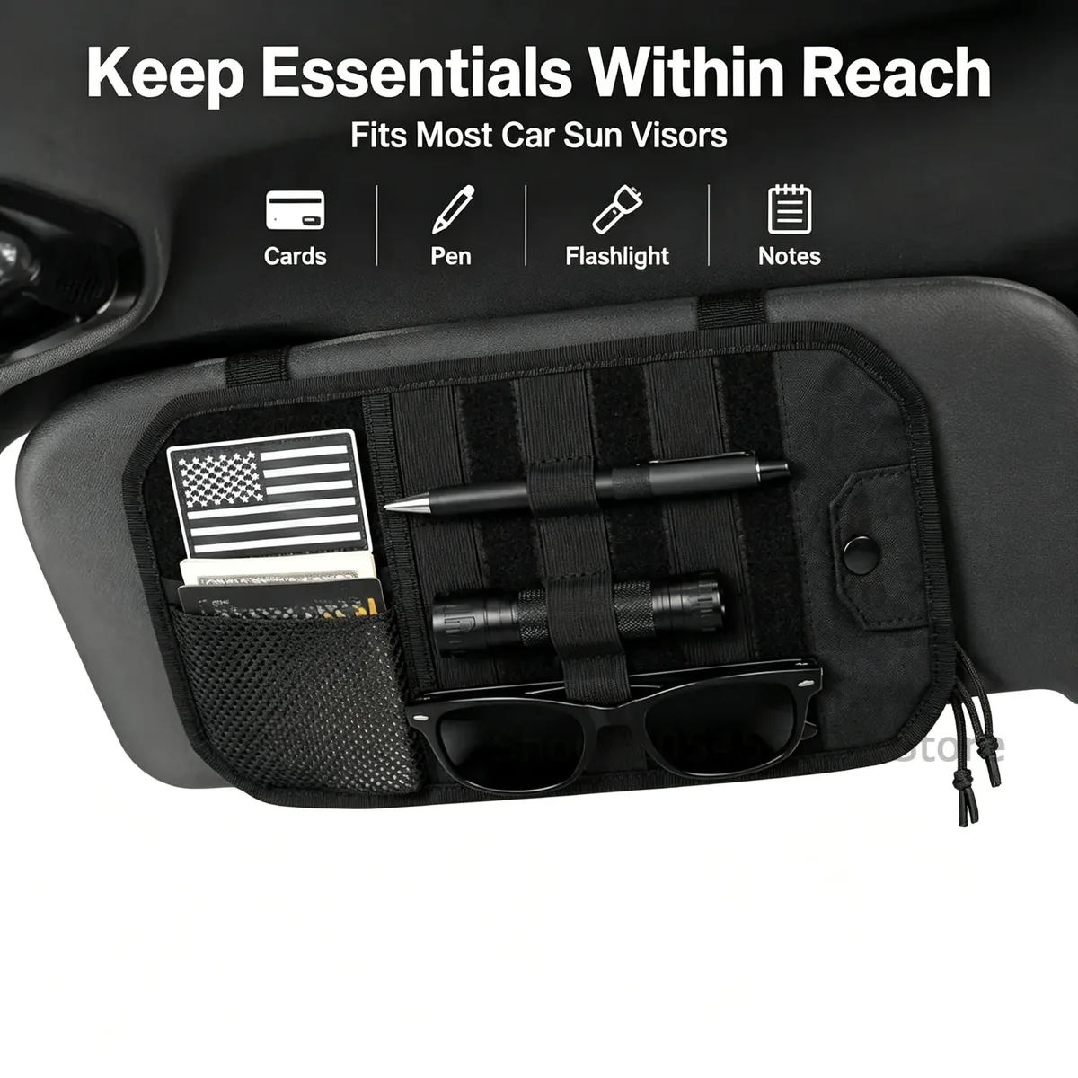 1 pièce Sac de rangement universel tactique pour pare-soleil de voiture, avec clip de rangement multi-objets et fixation Velcro, accessoire de rangement pour voiture