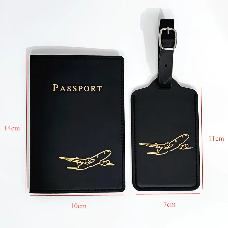 couverture de passeport d'avion, étiquette de bagage avec nom, carte d'identité, portefeuille en cuir pu anti-perte, accessoires de voyage pour les amateurs de vol, 2 pièces/ensemble