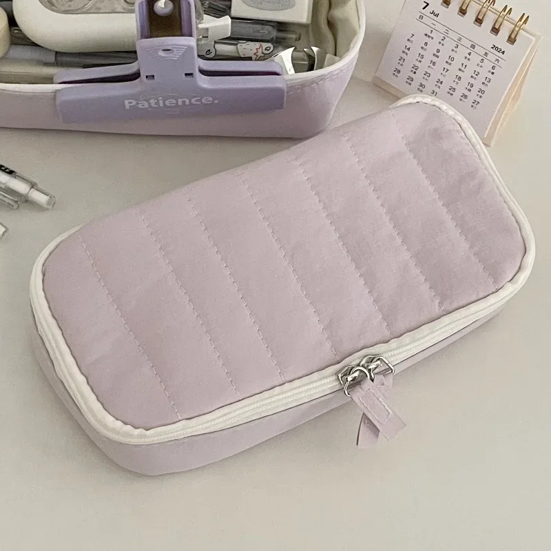 trousse à crayons en tissu doux matelassé, couleur unie, avec fermeture éclair, sac de rangement portable multi-usages pour étudiants et maquillage