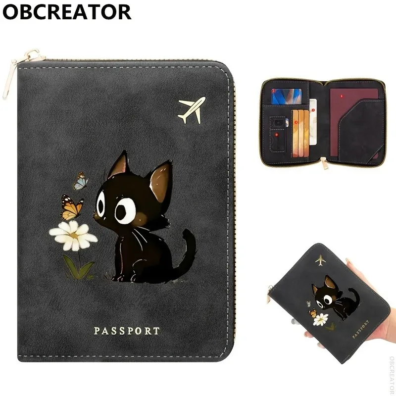 Portefeuille de voyage pour femme en cuir PU avec blocage RFID, motif chat et fleurs imprimé en 2D, étui de passeport sécurisé pour documents