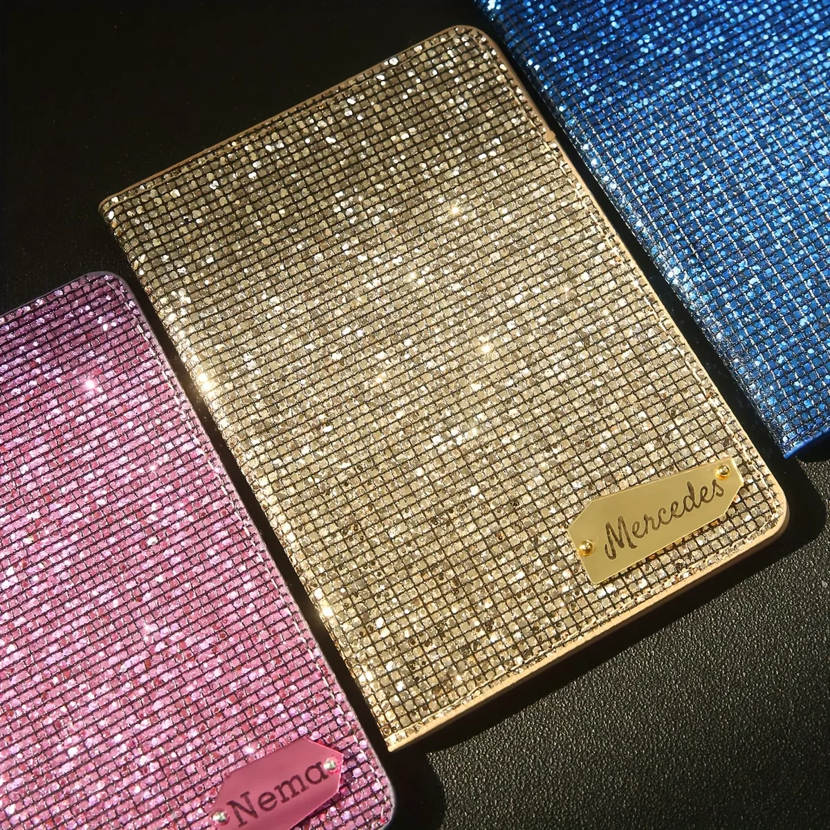 porte-passeport personnalisé avec nom et paillettes disco, porte-passeport unique avec étiquette nominative miroir brillante, cadeau de voyage