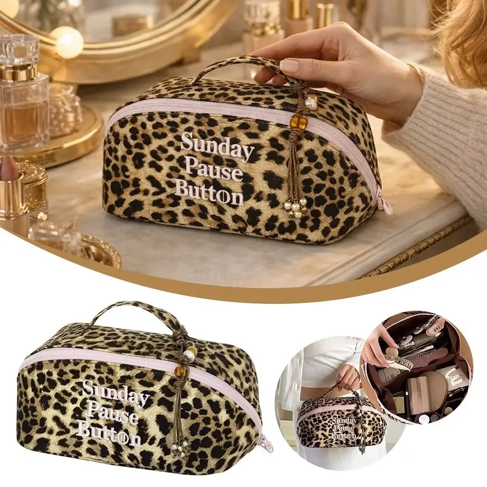 nouveau sac fourre-tout vintage à motif léopard, grande capacité, boîte de rangement portable, design à fermeture éclair, sac de rangement pour cosmétiques, organisation de trousse de toilette