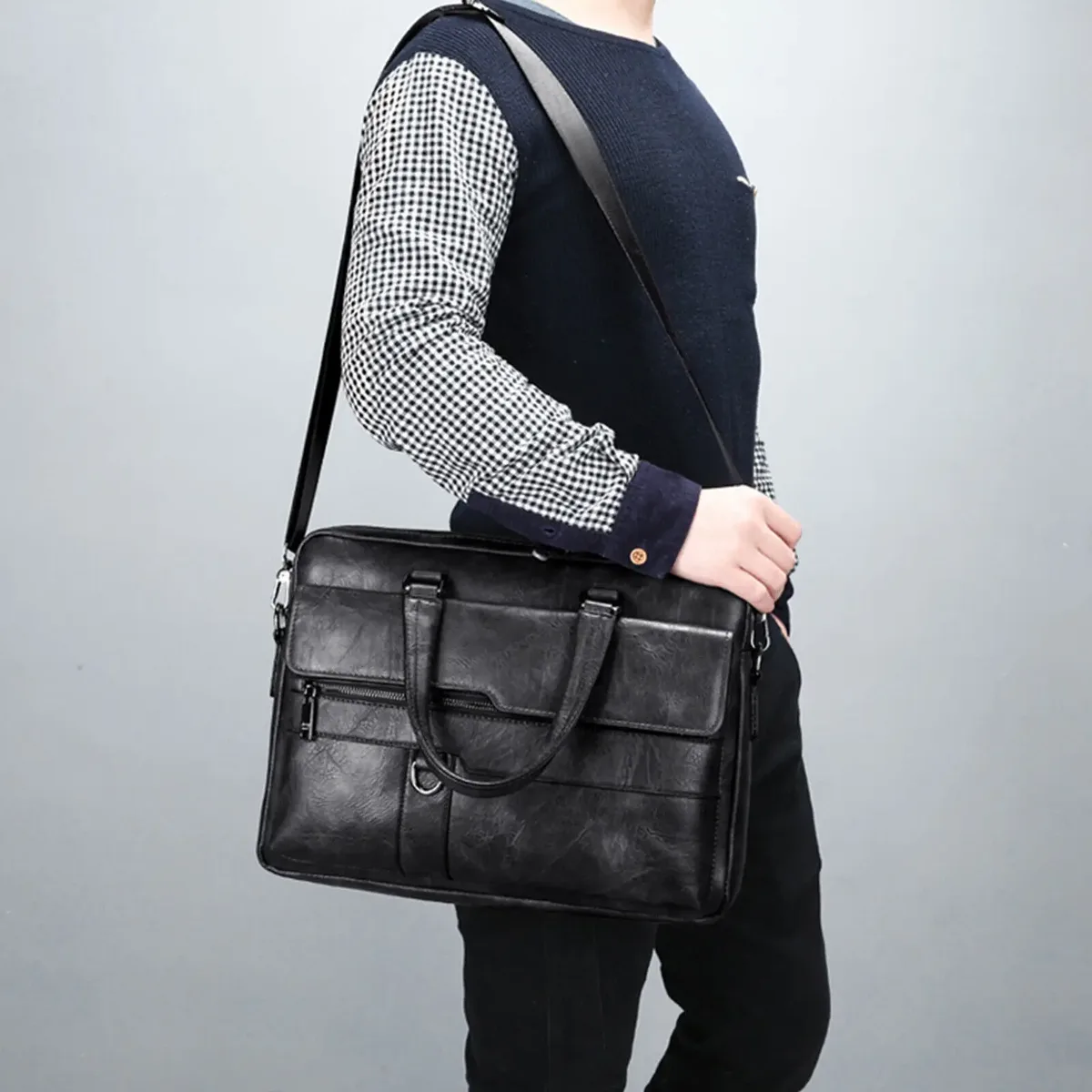 hommes huile cireux cuir antique design noir mallette d'affaires 16 "étui à documents pour ordinateur portable attache sac de messager fourre-tout portefeuille