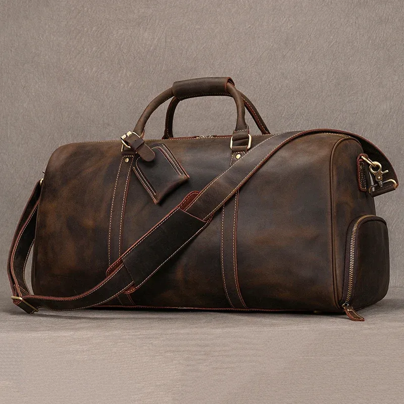 sacs de voyage en peau de vache naturelle, sac de nuit imperméable en cuir pour hommes, sac à main pour bagages d'avion, sac de week-end pour hommes d'affaires 55cm