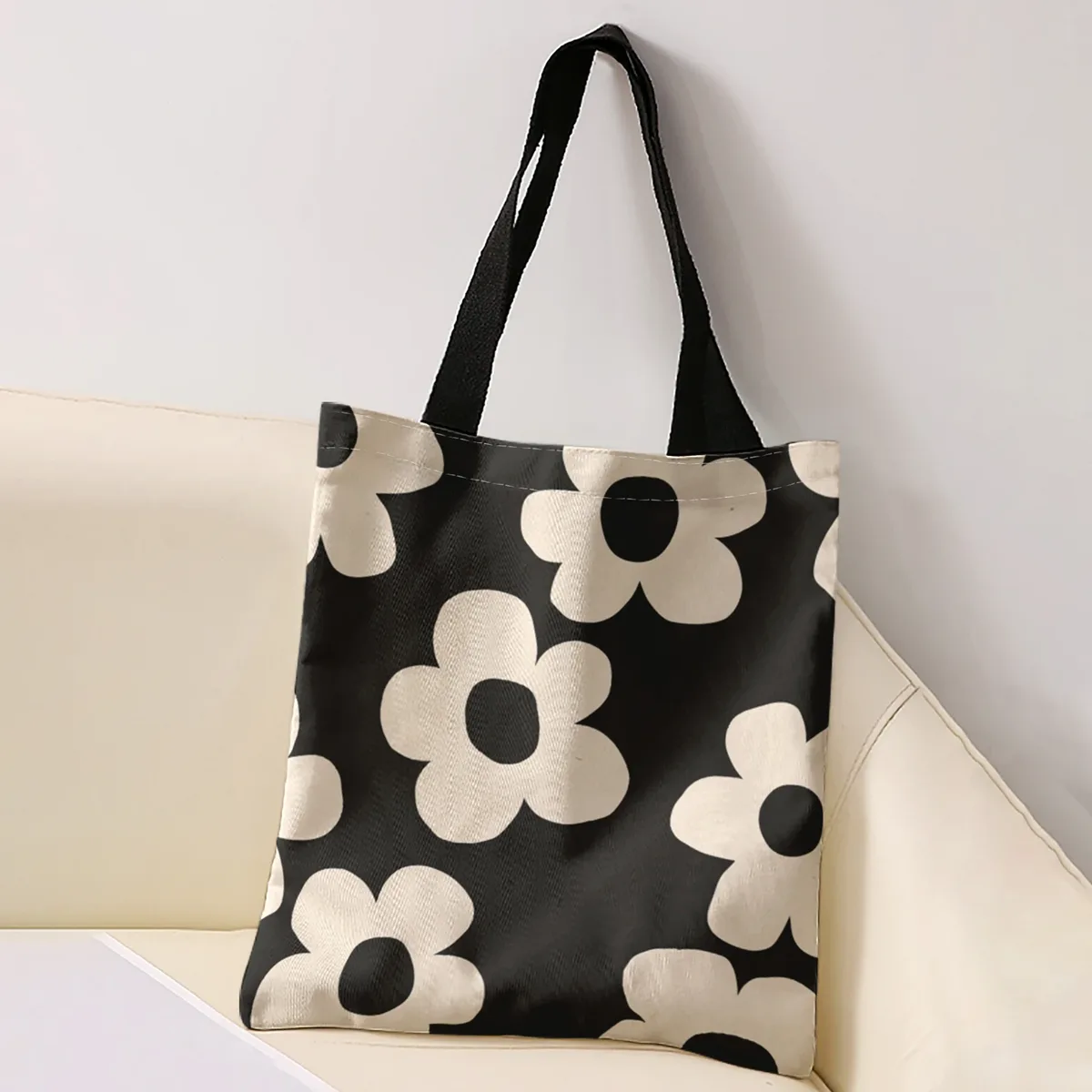 sac fourre-tout à imprimé floral simple beige sur fond noir, sac à bandoulière de grande capacité pour le shopping, les voyages et l'usage quotidien
