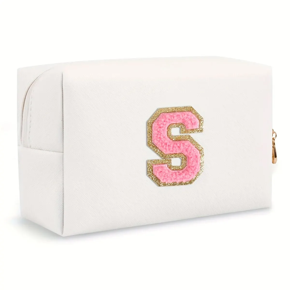 trousse de maquillage preppy pour femmes, trousse de toilette de voyage, sac à cosmétiques avec lettres en chenille, pochette étanche en cuir pu, joli organisateur à fermeture éclair-ll